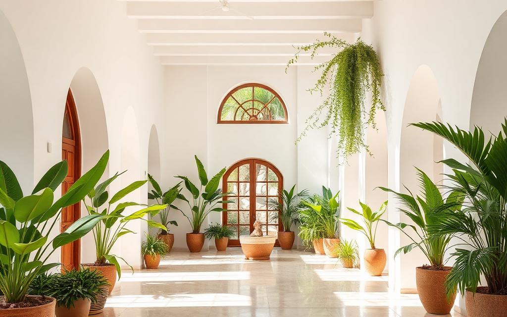 Bright modern boutique hotel lobby with plants and natural light
