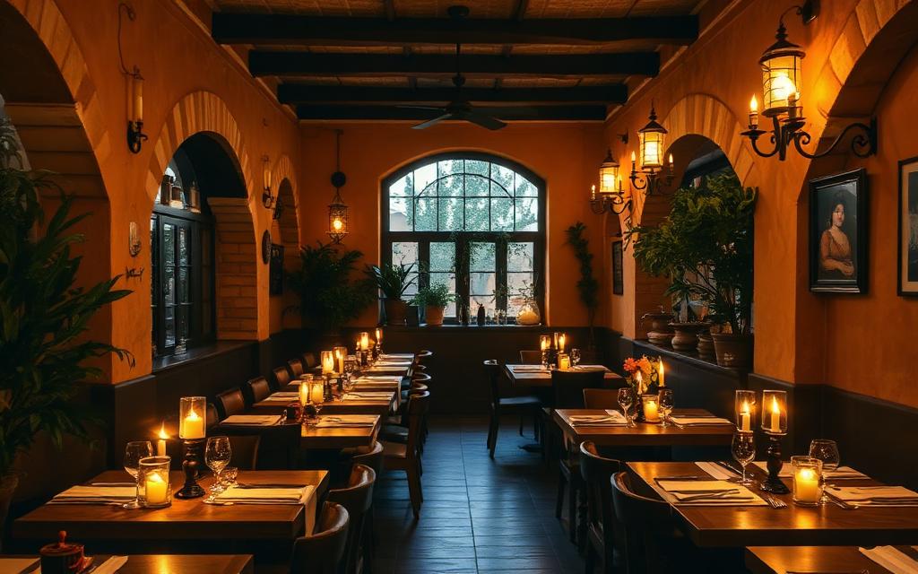 Cozy Mediterranean restaurant interior with warm candlelight